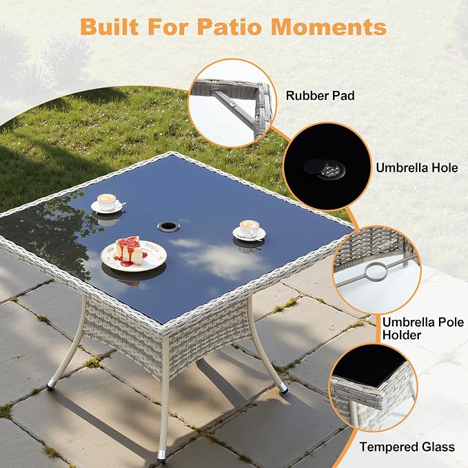 5-Piece Patio Dining Set, Patio Furniture Set with Square Tempered Glass Table & 4 Wicker Chairs, Expandable Design for Larger Groups, Outdoor Furniture for Backyard, Deck, Garden, Turquoise