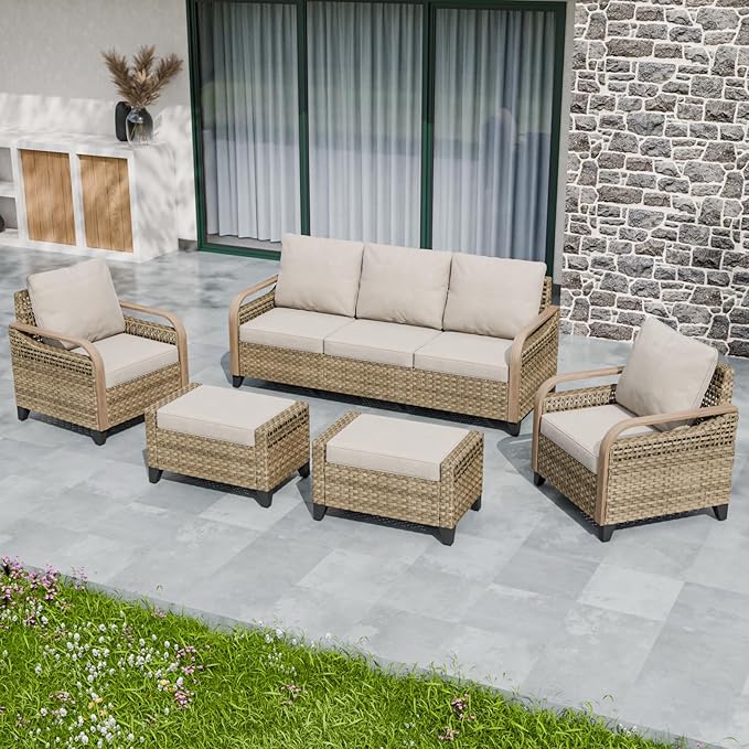 EAGLE PEAK Modern Wicker Outdoor Patio Furniture Set, Patio Conversation Set, 2 Chairs, 3-Seat Loveseat and 2 Ottomans, 5 Pieces, Brown/Gray
