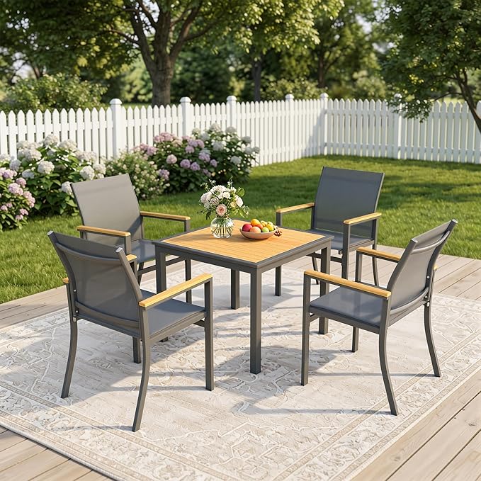 5-Pieces Aluminum Patio Table and Chairs Set, Outdoor Patio Furniture Set with Heavy Duty HDPS Square Table, All-Weather Outdoor Dining Set with Breathable Quick-Drying Textilene Chairs for Patio