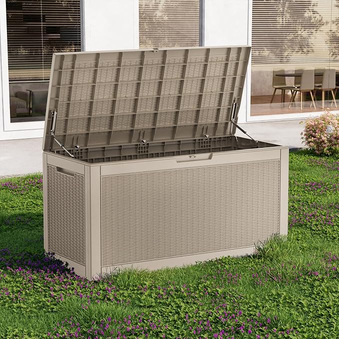 ROJIK 120 Gallon Deck Box Outdoor, Waterproof Outdoor Storage Boxes with Lids, Outside Resin Lockable Storage Box for Patio Cushions, Garden Tools(Grey)