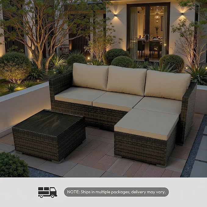 WWR Patio Furniture Set- All-Weather, Thick Cushions & Wide Armrests -5 Piece Outdoor Patio Conversation Couch Sets, Wicker Rattan Outdoor Sectional Sofa for Garden, Patio, Poolside