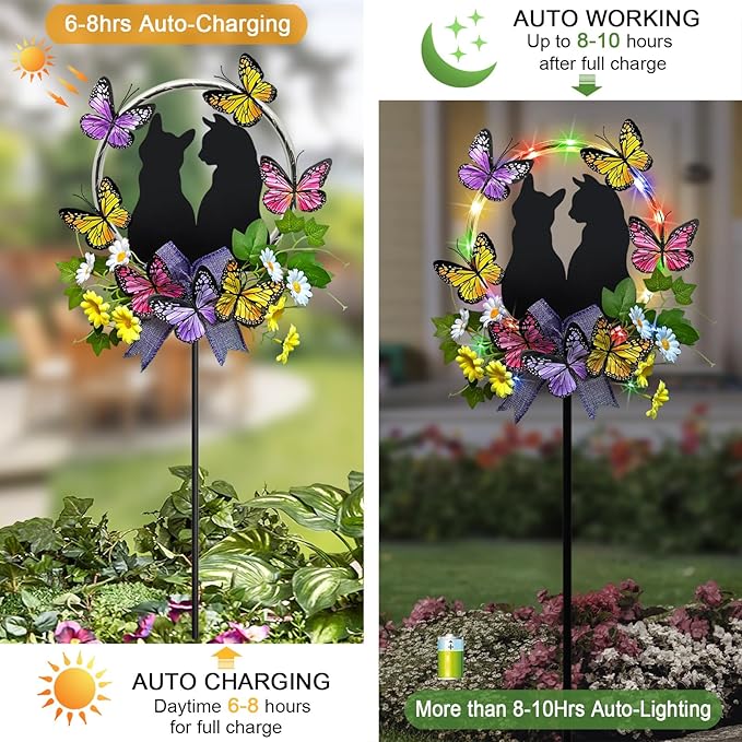 Cat Solar Lights Outdoor Garden,Colorful LED Light with Black Cat Decorations and Butterfly Flowers Yard Stakes for Pathway,Lawn,Patio,Gifts for Women