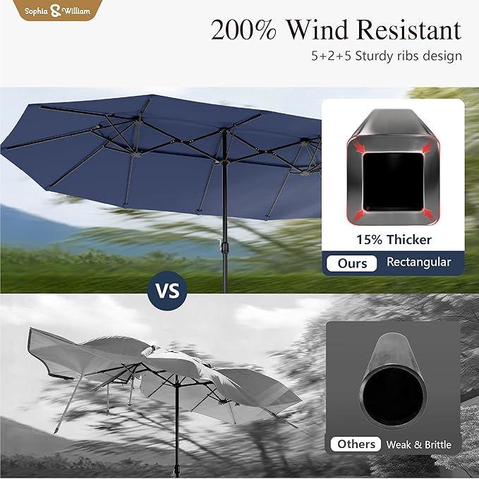 Sophia & William 15ft Extra Large Patio Umbrella with Base Included, 2-Tier Double-Sided Rectangle Outdoor Umbrella with Stand, Market Umbrella for Pool Garden Backyard, Navy Blue