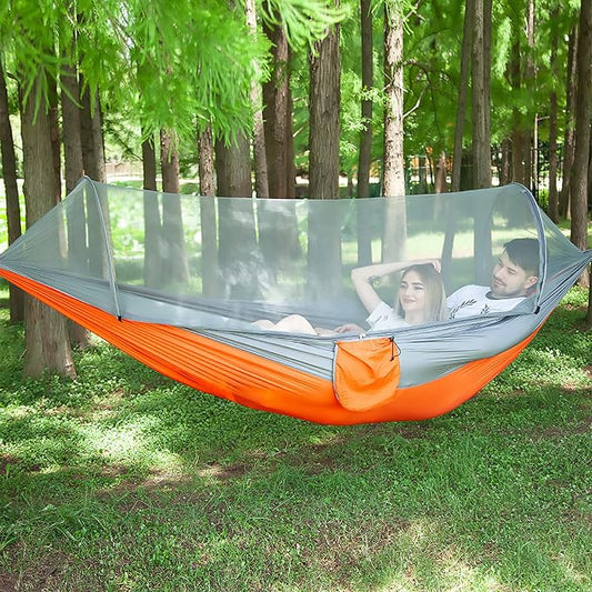 LFL Camping Hammock with Mosquito Net, Hammocks with 13ft Tree Straps Carabiners, Automatic Quick Open Outdoor Portable Hammock, Nylon Parachute Material Outside Hammocks with Net (Orange)