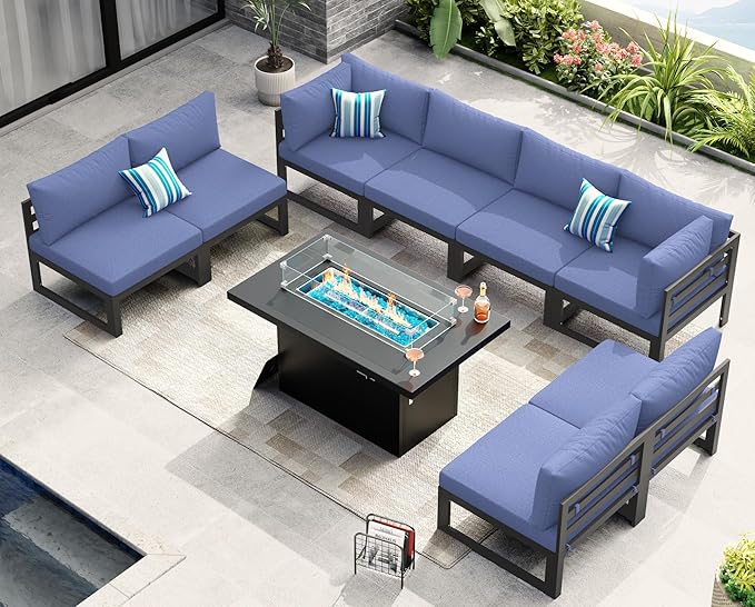 NICESOUL 8 Seat Modern Aluminum Patio Furniture Set with Fire Pit Table, 500 lbs Heavy Duty Outdoor Sectional Sofa, 29" Deep Wide Oversized Seating, L Shaped Conversation Couch for Deck, Denim Blue
