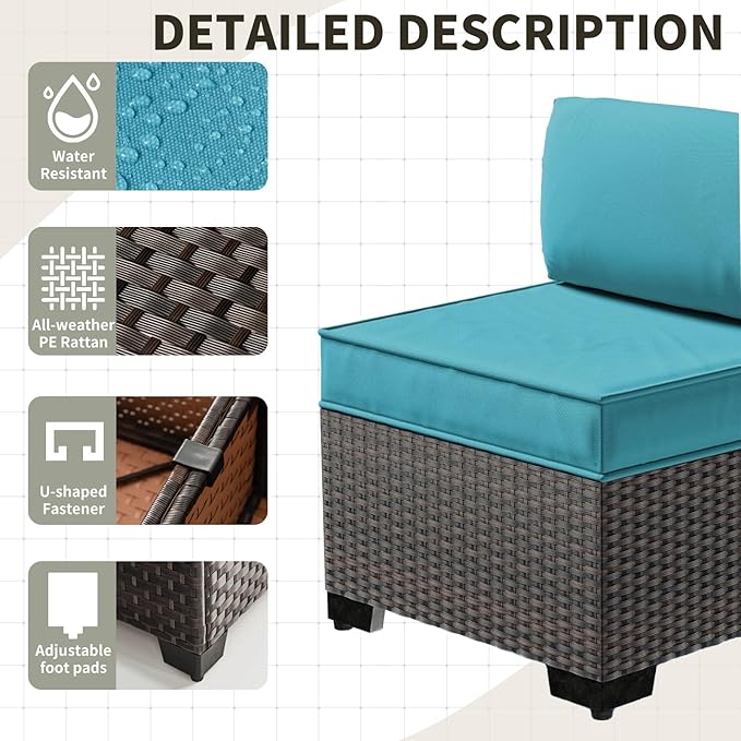 Gotland 8 Pieces Patio Furniture Set with Fire Pit Table, All Weather Rattan Outdoor Furniture with 29.5'' High Backrest 4’’ Thick Cushions Coffee Table, Outdoor Sectional for Porch, Deck, Blue