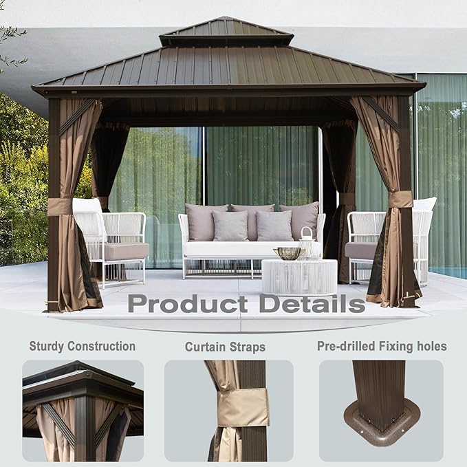 Domi 12' x 12' Hardtop Gazebo, Outdoor Metal Gazebo for Patios with Galvanized Steel Double Roof, Heavy Duty Curtains and Netting Included, Permanent Pergola for Backyard, Garden Lawn, Brown