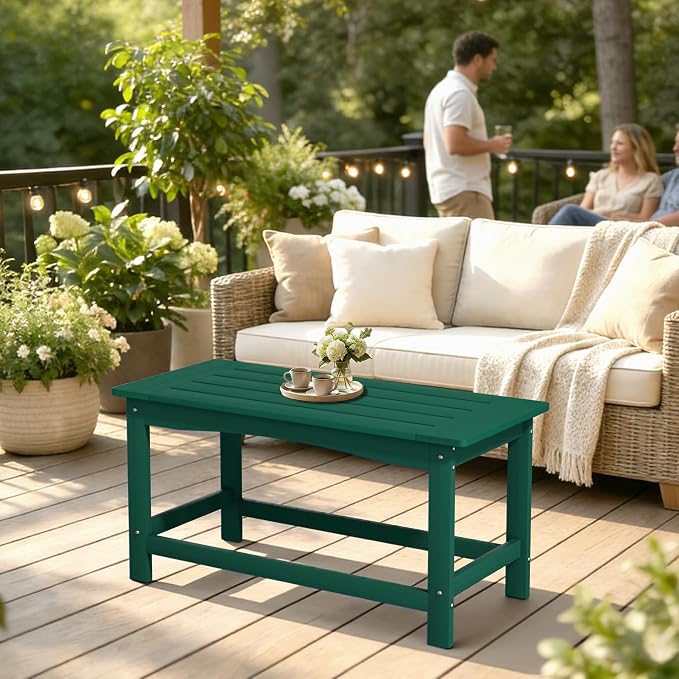 Green Outdoor Coffee Table for Patio 35.4 x 17.5 x 16.1 Poly Lumber | 250 lb All-Weather HIPS Rectangle Patio Table, Stainless Steel Hardware, 1-Year Warranty for Deck Garden Porch Backyard