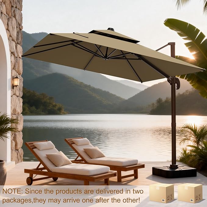 10x10Ft Patio Umbrella Outdoor Cantilever Rectangle Umbrella with Base Included, 6-Level Tilt & 360° Rotation Offset Umbrella for Garden, Deck, Pool(Brown)