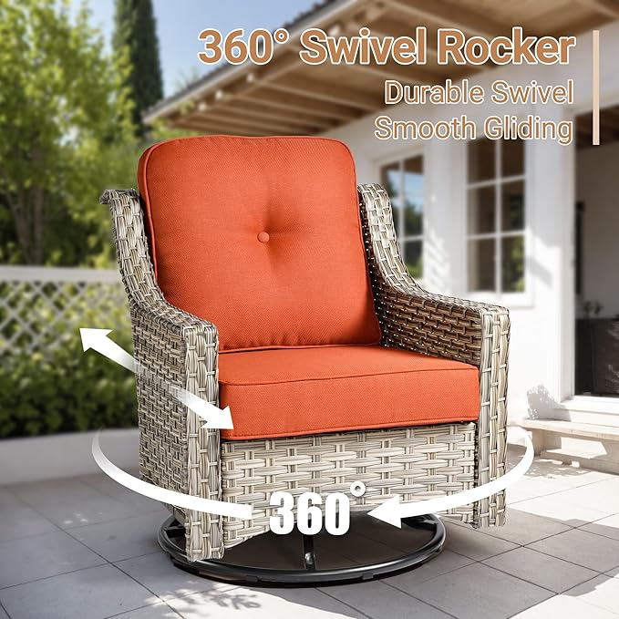 HOOOWOOO Patio Furniture Set,7 Pieces Wicker Outdoor Furniture,High Back Conversation Set with All Weather Resistant Fire Pit Table Couch Swivel Chairs Ottomans,Red
