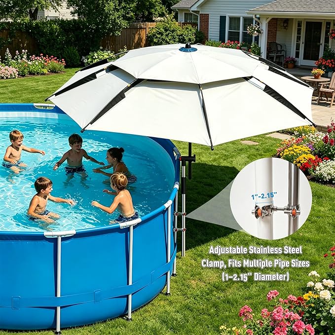 Above Ground Pool Umbrella 7.9 FT, UPF 50+ Sun Protection, 360° Rotating & Tilt Adjustable, Rust-Resistant Stainless Steel Clamp, with Ground Stake & Carry Bag, Outdoor Umbrella for Patio, Beach, Camping – White