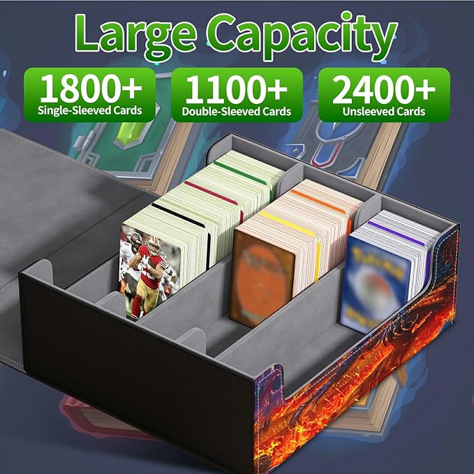 Card Deck Box for MTG, Cards Storage Box Fits 120+ Sleeved, Leather Big Size Strong Magnetic Closing Case for Board Games Magic TCG CCG Baseball Collection Women Man, Castle Flaming Dragon