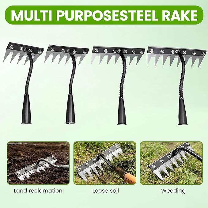 Iron Weeding Rake 2.0, Upgrade 5/6/7/8 Teeth Carbon Steel Garden Weeder Rakes, Iron Rake for Yard Lawn and Garden, Heavy-Duty Gardens Hand Weeder Puller Tool for Gardening (7Teeth)