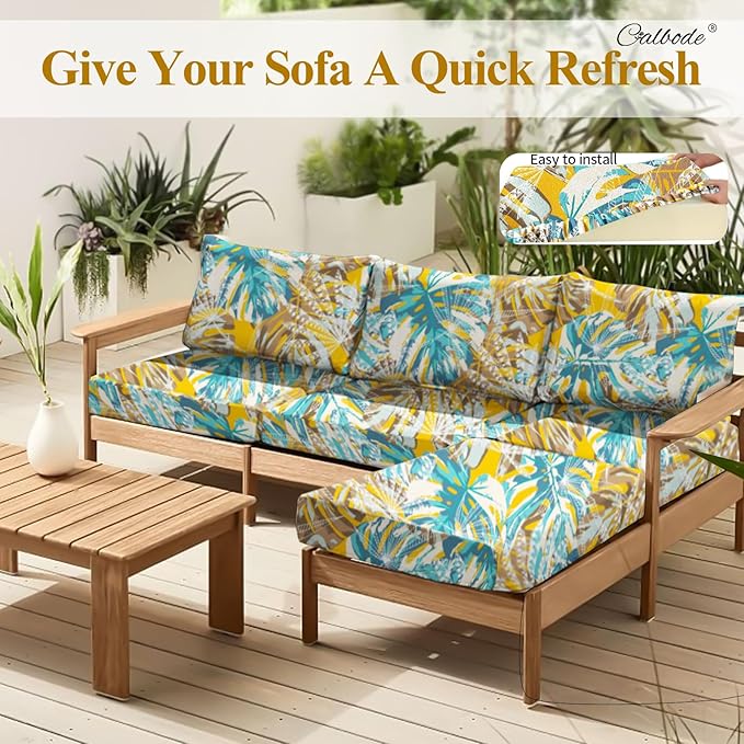 CALBODE 12pcs Outdoor Tropical Plant Printed Sofa Seat Cushion Covers Strechable, Dustproof Elastic Half-Covered Sofa Covers Washable Reusable Patio Furniture Protector（Blue and Yellow, Cover Only）