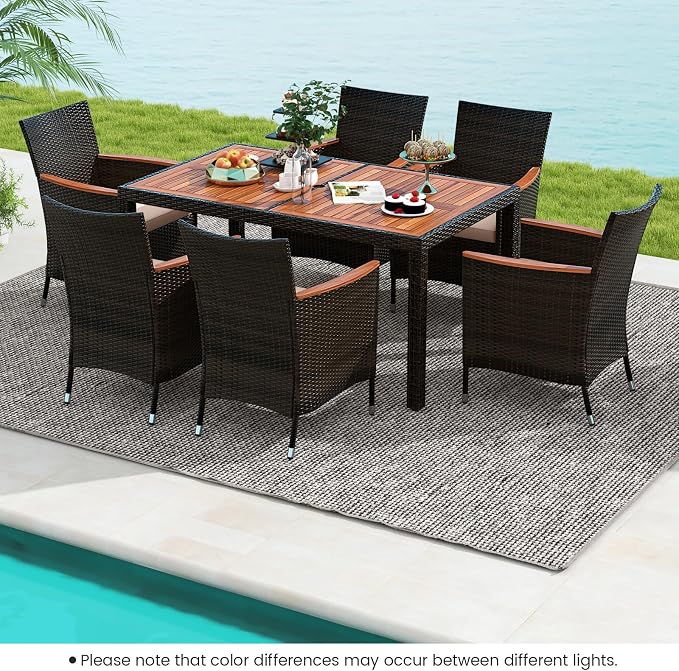 7 Pieces Outdoor Wicker Dining Set with Umbrella Hole, Patio Dining Furniture Set with Acacia Wood Table and Chairs, Garden Dining Table Set for Backyard, Desk, Poolside (Brown)