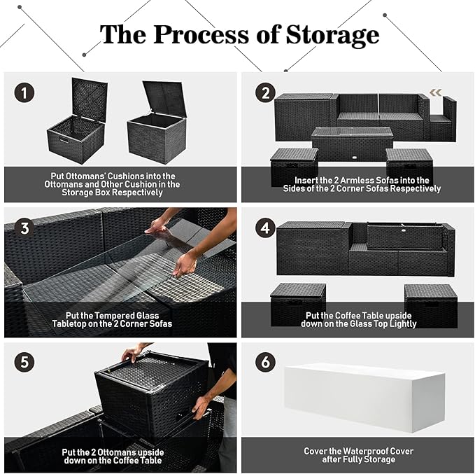 Tangkula 8 Pieces Patio Furniture Set with Waterproof Cover, Patiojoy Space Saving Outdoor PE Rattan Set with Storage Box, Tempered Glass Table, 2 Ottomans, 2 Armless Sofas & Corner Sofas