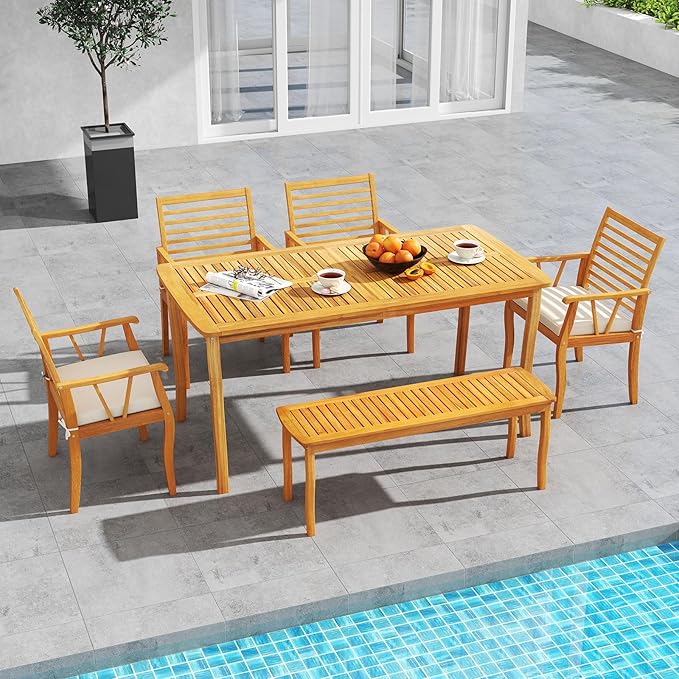 Tangkula 6 Pieces Acacia Wood Patio Dining Set, Outdoor Table and Chairs Set with Bench, 1.97” Umbrella Hole and Cushions, Outside Dining Furniture Set for Deck, Garden and Backyard