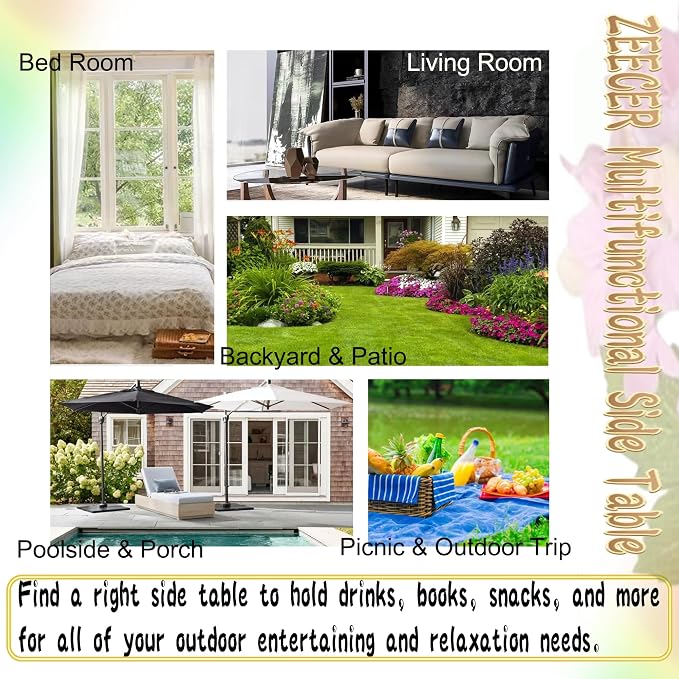 Outdoor Side Table, 14-inch Small Round Metal Patio Table with Flower Cut-Out Design, Set of 2 Modern Rust-Proof Portable End Table Patio Side Table for Outside Garden Balcony Yard & Indoor Use