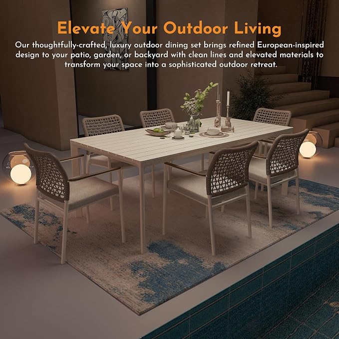 Modern Shade 7 Piece Luxury Outdoor Dining Set, Large Outdoor Table and Chairs with Fade Resistant Cushions & Teak Accents, Premium Aluminum Patio Table and Chairs Set for Outdoor Entertaining, Beige