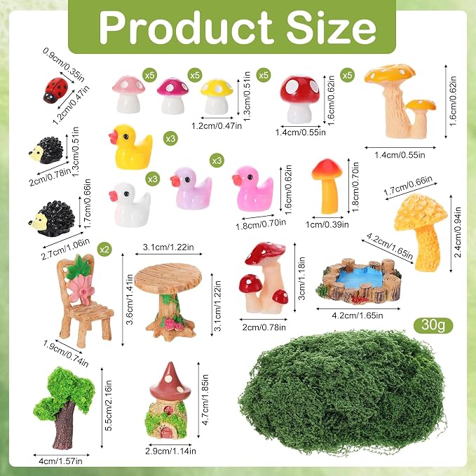 68 Pcs Fairy Garden Accessories Mini Resin Animals Figures | Miniature Ducks Mushroom Ladybug Table and Chairs Bridge Pond Fence Moss Bonsai Landscape Ornaments Kit for Garden DIY Craft