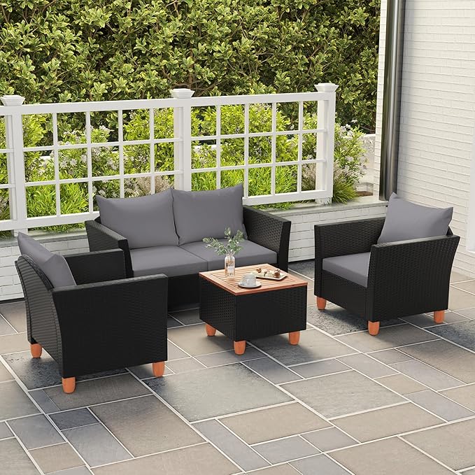 Tangkula 4 Piece Outdoor Conversation Set, Patio Cushioned Chairs w/Storage Coffee Table, Acacia Wood Tabletop & Chair Legs, Patio Wicker Furniture Set for Poolside, Lawn, Porch (1, Gray)