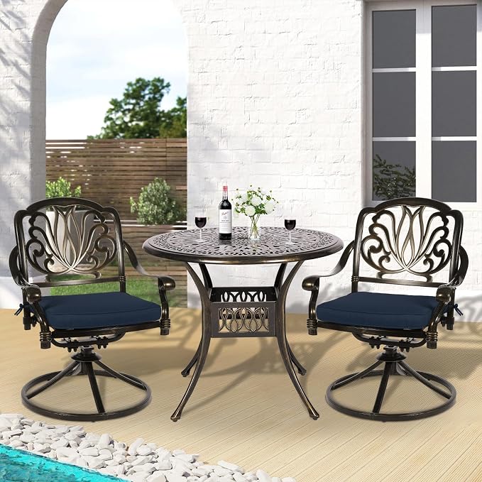 3-Piece Outdoor Patio Dining Set, All-Weather Cast Aluminum Patio Furniture Set for Backyard Garden Deck with 2 Swivel Cushioned Chairs and 35.4” Round Table, 2" Umbrella Hole, Navy Blue
