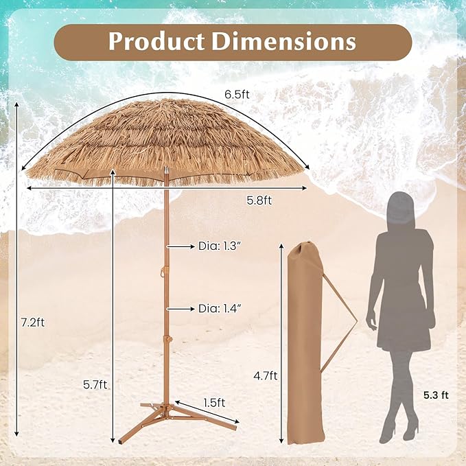6.5Ft Tiki Umbrella Outdoor Patio, Hawaiian Hula PP Grass Umbrella with Tilt Design, 8 Ribs, Carry Bag & Foldable Base, Thatch Umbrella for Patio, Garden & Pool