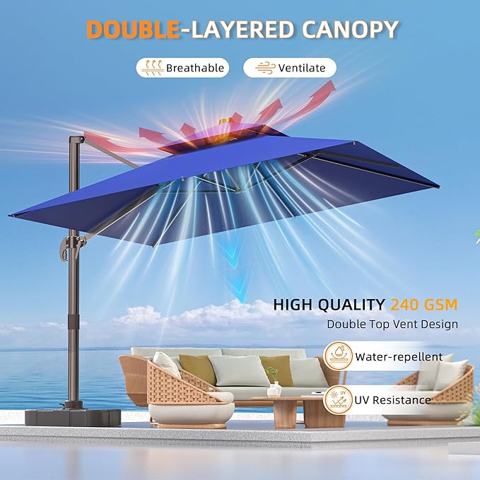 10' X 13' Outdoor Patio Umbrella Large Rectangle Cantilever Umbrella with Base Included, Heavy Duty 360°Rotation Offset Umbrella for Garden Deck Pool Patio,Navy Blue