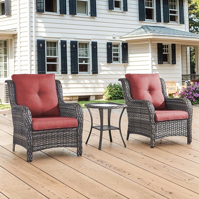 Belord Outdoor Furniture Set Patio Wicker Chairs, 3 Peices Porch Rattan Furniture with Side Table, Deep Seating Patio Bistro Chair Sets (Red Cushion)