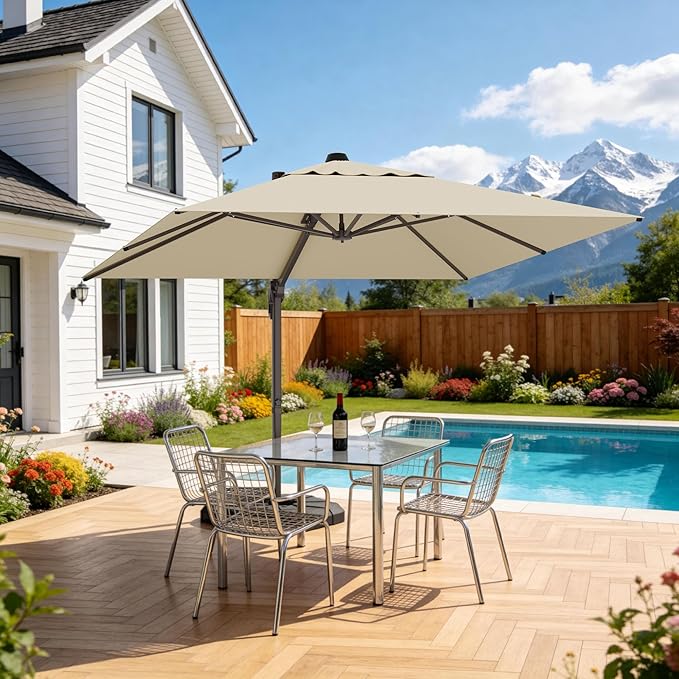 10' X 10' Patio Umbrella Cantilever Outdoor Rectangle Umbrella, Heavy Duty 360°Rotation Offset Umbrella for Garden Deck Pool Patio, Beige