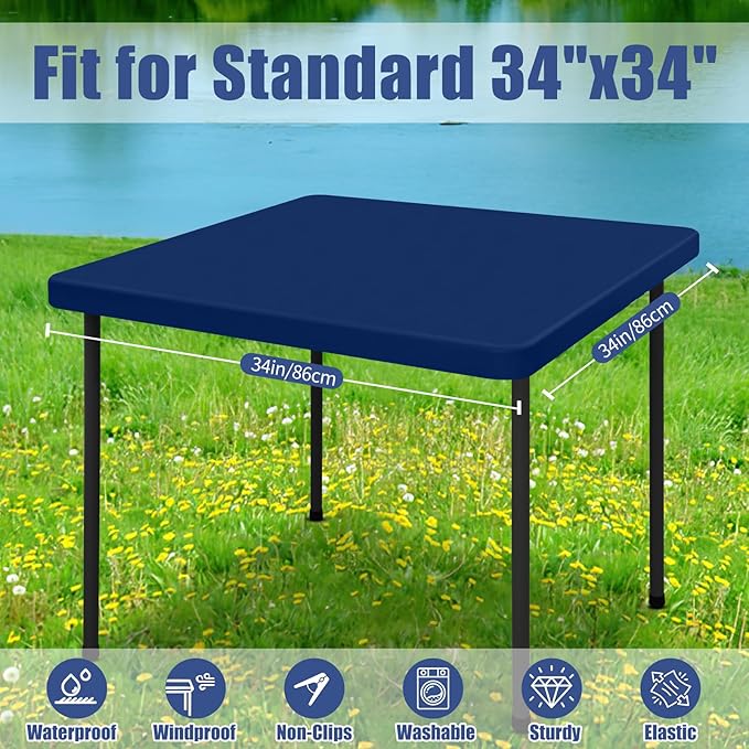 Moosfor Spandex Picnic Table Cloth 2 Pack, Elastic Fitted Tablecloths for Square Tables, Stretch Washable Patio Table Cover for Outdoor, Camping, Banquet and Parties (Navy, 34"x34")