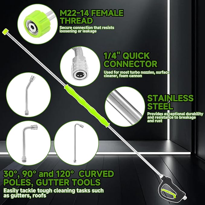 RIDGE WASHER Pressure Washer Extension Wand 120 Inch, Stainless Steel Replacement Power Washer Lance, 30°/90°/120° Curved Rod, Gutter Cleaner Attachment with 5 Nozzles, 4000 PSI