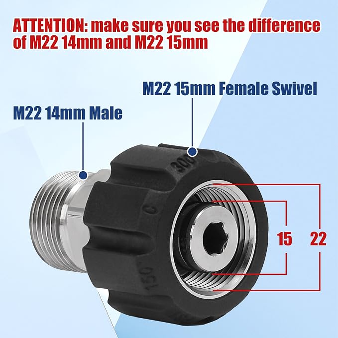 M MINGLE Pressure Washer Adapter, Metric M22 15mm Female Thread to M22 14mm Male Fitting, Stainless Steel, 4500 PSI
