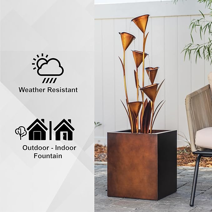 XBrand 46" Tall Metal Sculptural Flower Multi-Tier Freestanding Water Fountain for Indoor & Outdoor Use, Decorative Garden Patio Backyard Water Feature, Bronze