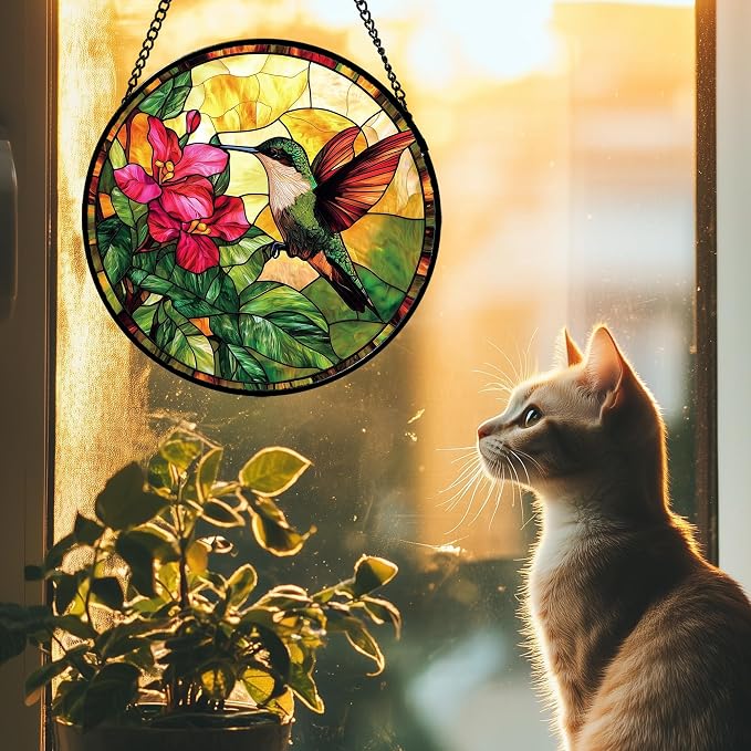 Stained Glass Suncatcher, Hummingbird Red Flowers Green Leaves Sun Catcher Stain Glass Window Hanging Decoration Mother's Day Birthday Gifts for Bird Lover Women Men Mom Nana 11.8 in
