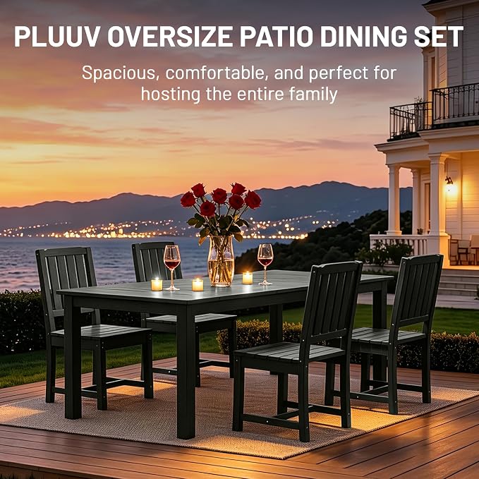 PLUUV 5-Piece Outdoor Dining Set – HDPE Patio Furniture with Aluminum Table, Umbrella Hole, and 4 Armless Chairs, All-Weather Resistant for Garden & Backyard, Grey