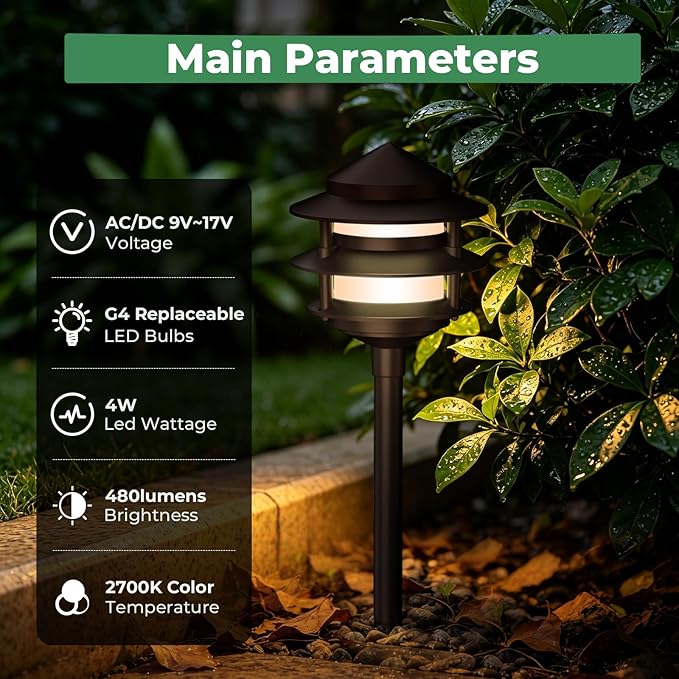 Gardencoin Pagoda Low Voltage Landscape Pathway Lights, 12V Outdoor LED Path Lights Wired, Aluminum Walkway Lighting with 4W 2700K Replaceable G4 Bulb, Bronze Classic 3-Tier Lantern, 6 Pack