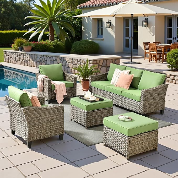 5 Pcs Patio Conversation Set for 7 Seats, Rattan Wicker Outdoor Patio Furniture Set, 2 x Single Chair, 2 x Ottoman, 3-Seat Sofa for Lawn Garden Backyard(Green)