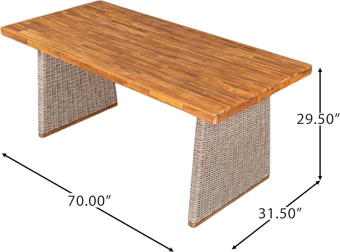 Merax 3-Piece Outdoor Dining Set Acacia Wood, 1 Table + 2 Benches, Slatted Design Tabletop & Woven Rattan Legs, Weather-Resistant Rectangle Patio Dining Set, Brown