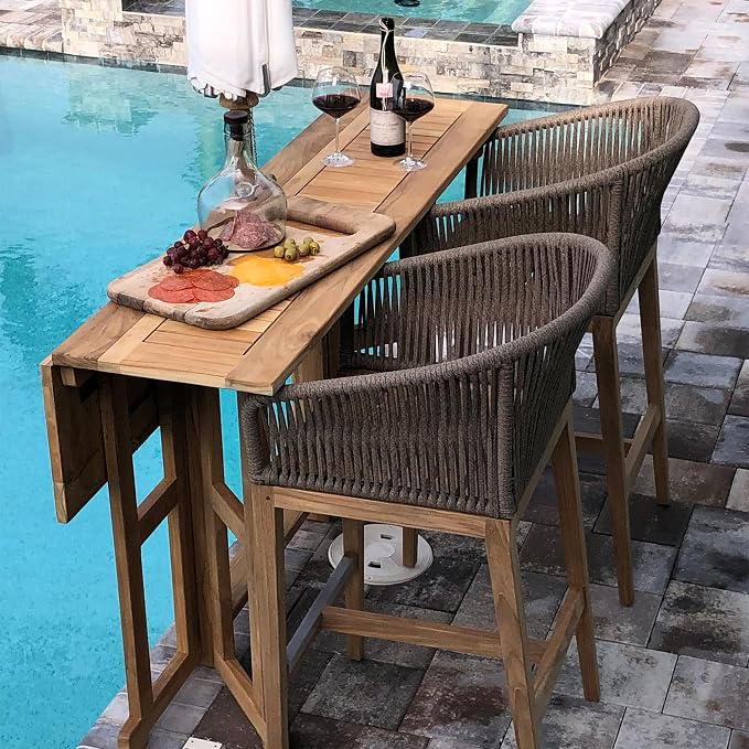 Royal Teak Collection Drop Leaf Bar Table, 64-Inch Folding Outdoor Rectangular Table, Space-Saving, Bar Height, Balcony, Garden or Patio Wooden Teak Outdoor Furniture (BTDL64)