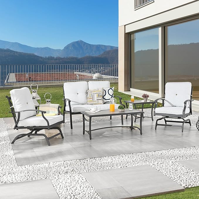 5Pcs Outdoor Patio Furniture Sets Beige Patio Conversation Set Metal Frame Porch Rocking Furniture Sets with Thick Seat/Back Cushions