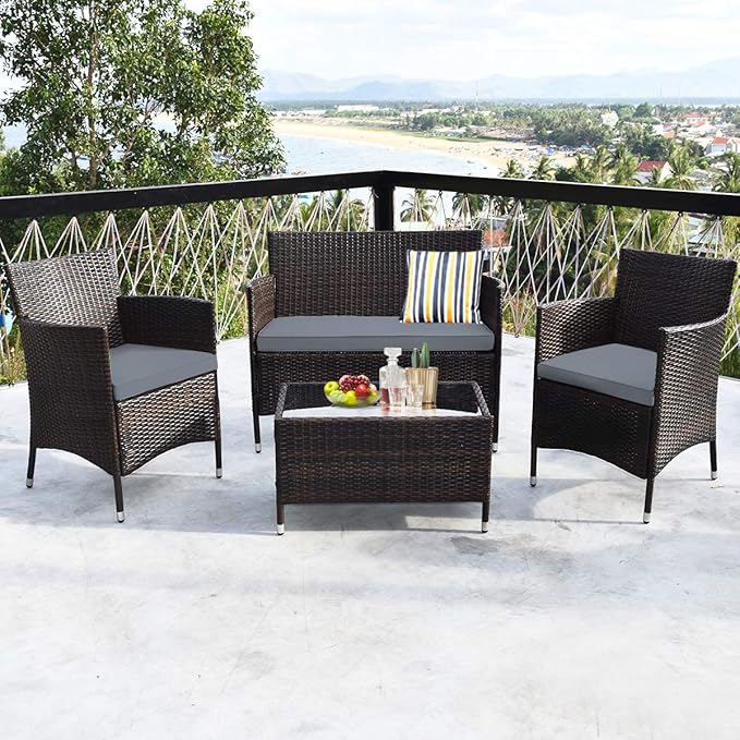 4 Pieces Patio Sofa Set, Wicker Conversation Set with Ergonomic Curved Backrest, Patio Rattan Furniture Set with Water-Resistant Cushion & Tempered Glass Table for Balcony, Porch (Gray)