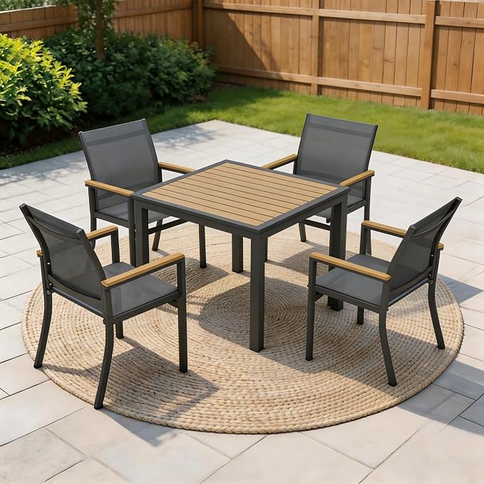 Aluminum Outdoor Table for All-Weather, 35.4" Patio Tables with Heavy Duty HDPS Square Tabletop, Outside Table with Quick-Drying Slatted Design for Patio, Garden, Deck, Porch, Poolside, Backyard
