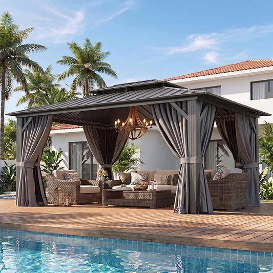 Aoxun 16' x 12' Hardtop Gazebo, Outdoor Pergola with Netting and Curtains, Galvanized Steel Double Roof Metal Gazebo for Garden,Deck,Patio