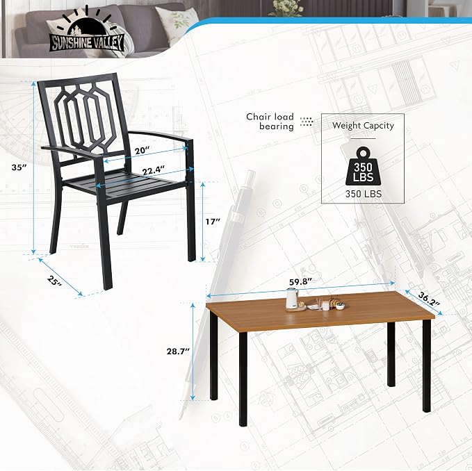 SUNSHINE VALLEY 7 Piece Patio Dining Set for 6, 60x36 Wood-Like Metal Table with Umbrella Hole and 6 Pcs Rust-Proof Stackable Chairs, Outdoor Table and Chairs Set for Backyard Garden Deck (Style 3)