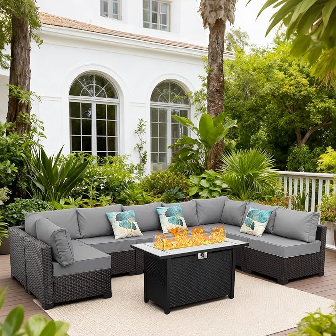 9 Pieces Wicker Patio Furniture Set Outdoor PE Rattan Sectional Conversation Sofa Set with Grey Cushions and 45 Gas fire Pit Table