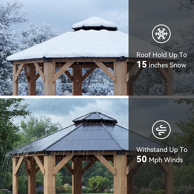 Aoxun 13' x 13' Outdoor Wood Gazebo, Hardtop Gazebo Permanent Wooden Pavilion with Galvanized Steel Double Roof, for Packyard, Garden, Deck, Cedar Wood