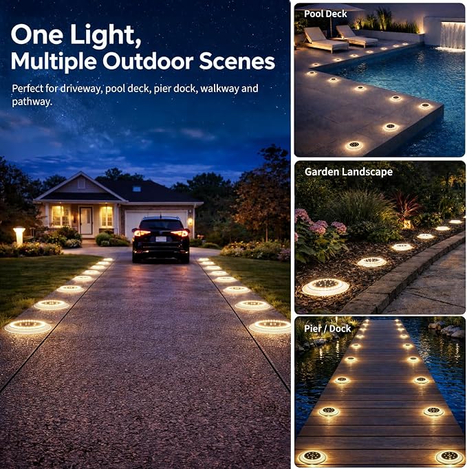 Solar Ground Lights, 48 LEDs Deck Disc, Warm White, 8Pk | Outdoor Waterproof, Flat Round Low Profile, Ultra Bright, IP67 Waterproof, Car Weight Bearing, Driveway, Dock, Path, Walkway