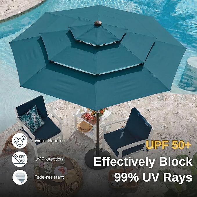 10ft 3 Tier Patio Umbrella, Outdoor Market Table Umbrella with UPF 50+ Vented Canopy, 8 Sturdy Ribs, Easy Push Button Tilt and Crank, Windproof for Deck, Pool, Backyard and Garden