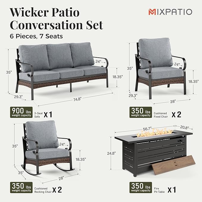 Patio Furniture Set with Fire Pit Table, Metal Outdoor Conversation Set with 2 Fixed Chairs, 2 Rocking Chairs, 3-Seat Sofa and Gas Fire Pit Table for Lawn Garden Backyard, Grey